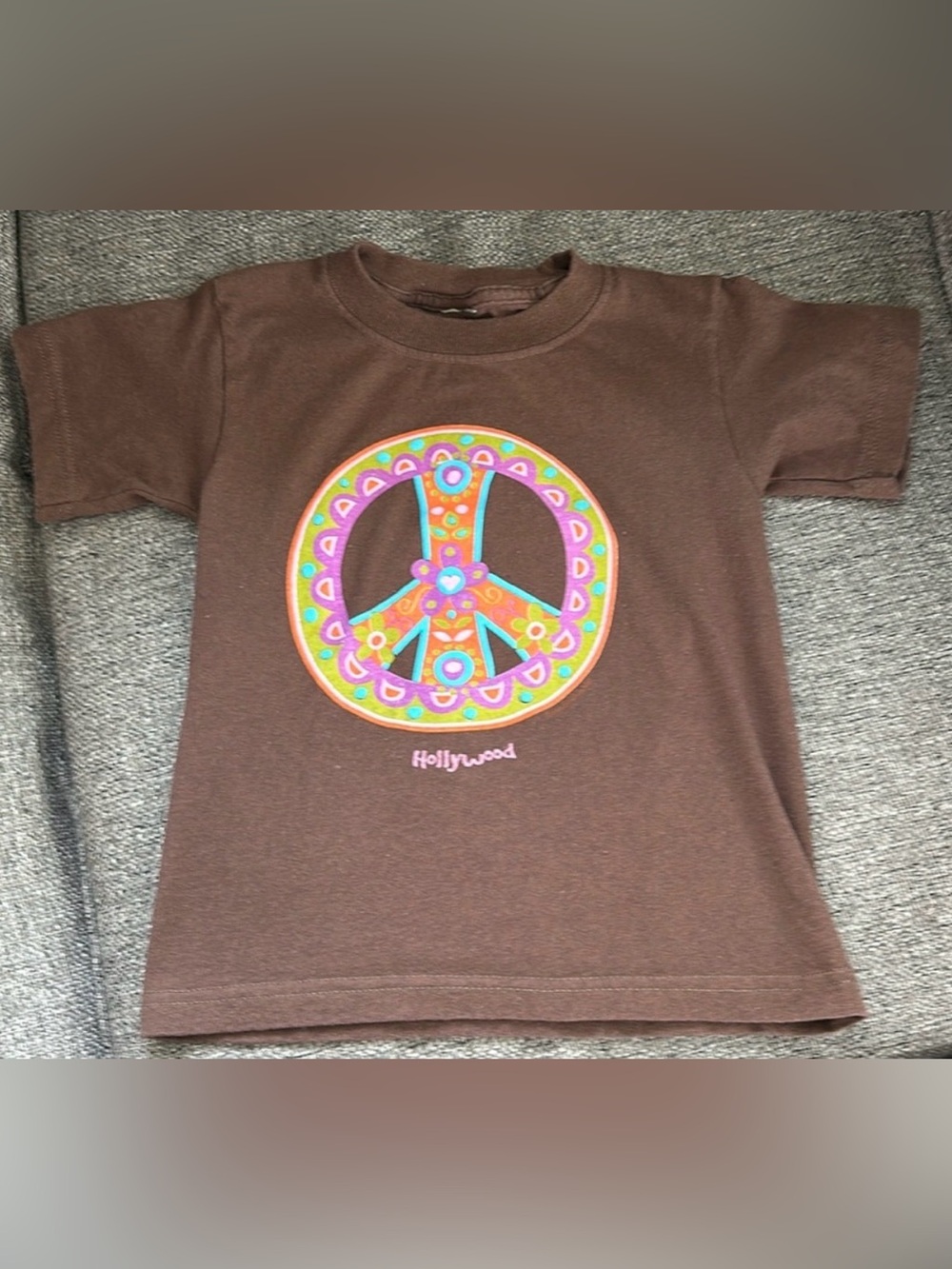 Hollywood Retro Psychedelic Peace Sign Graphic Tee Shirt Brown Toddler Kids Size